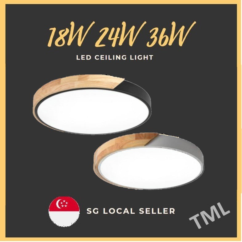 4HOME SINGAPORE 18W 24W 36W Nordic LED Ceiling Light Black White Wood Frame - 4HOME