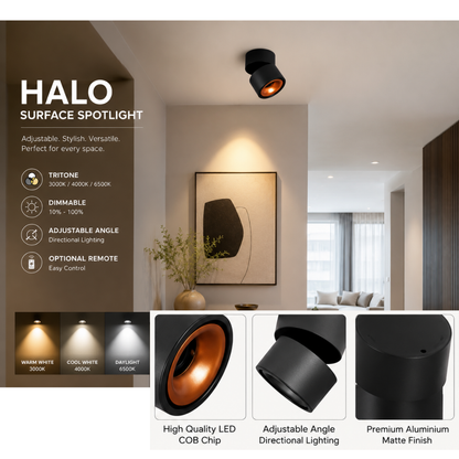 12W Halo LED Surface Spotlight | Tritone Dimmable Ceiling Spotlight | Adjustable Surface Mounted Downlight | Optional Remote Control | Black & White