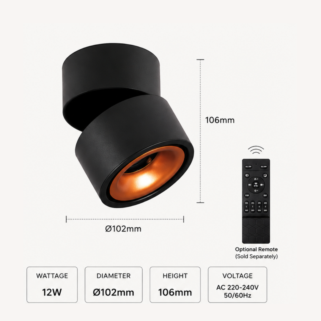 12W Halo LED Surface Spotlight | Tritone Dimmable Ceiling Spotlight | Adjustable Surface Mounted Downlight | Optional Remote Control | Black & White