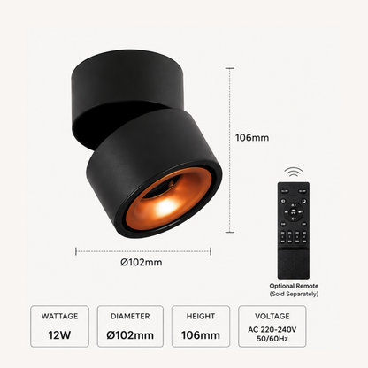 12W Halo LED Surface Spotlight | Tritone Dimmable Ceiling Spotlight | Adjustable Surface Mounted Downlight | Optional Remote Control | Black & White