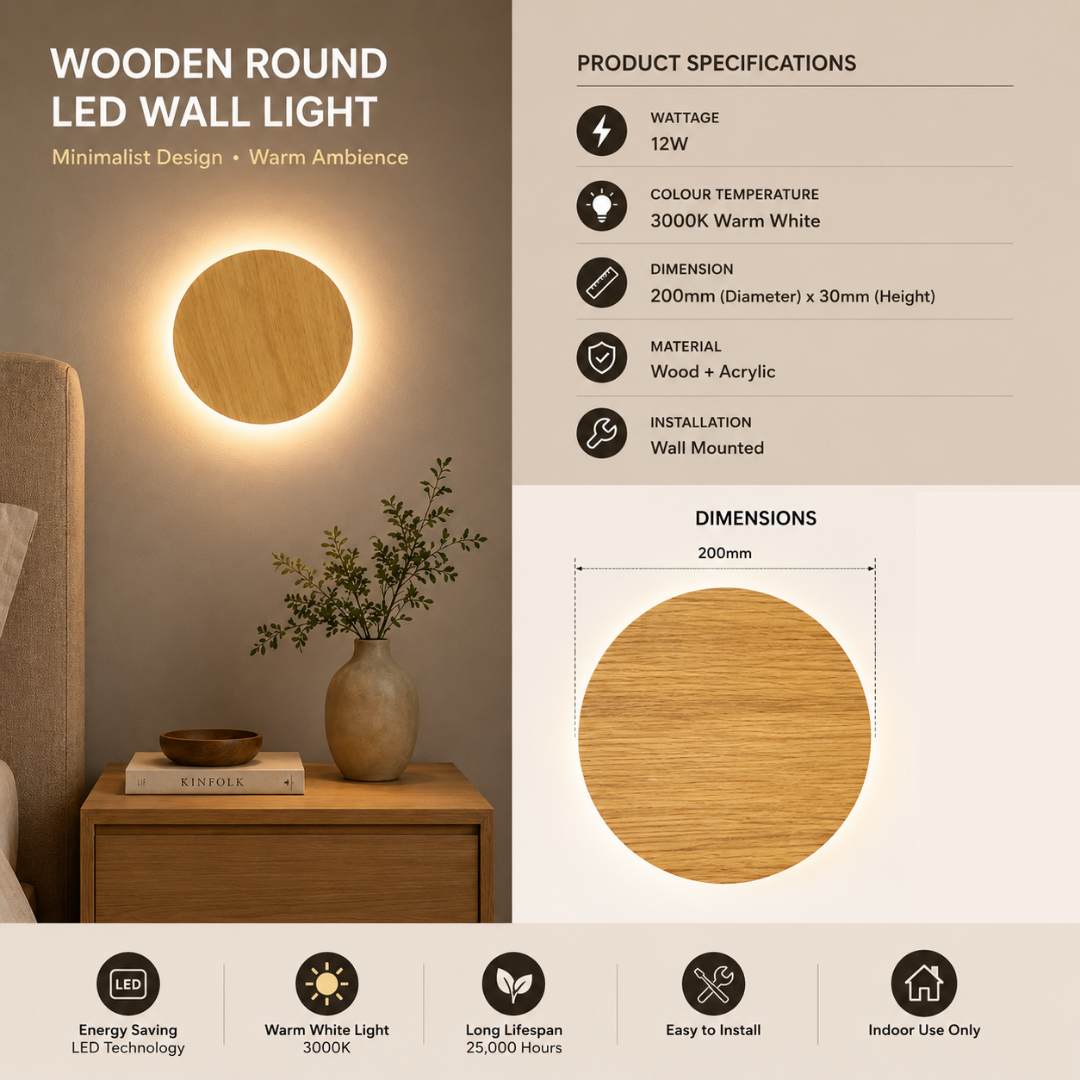 Nordic Minimalist Light Wood Print LED Wall Light 12W | 3000K Warm White | Modern Round Wooden Wall Lamp for Bedroom, Living Room & Corridor