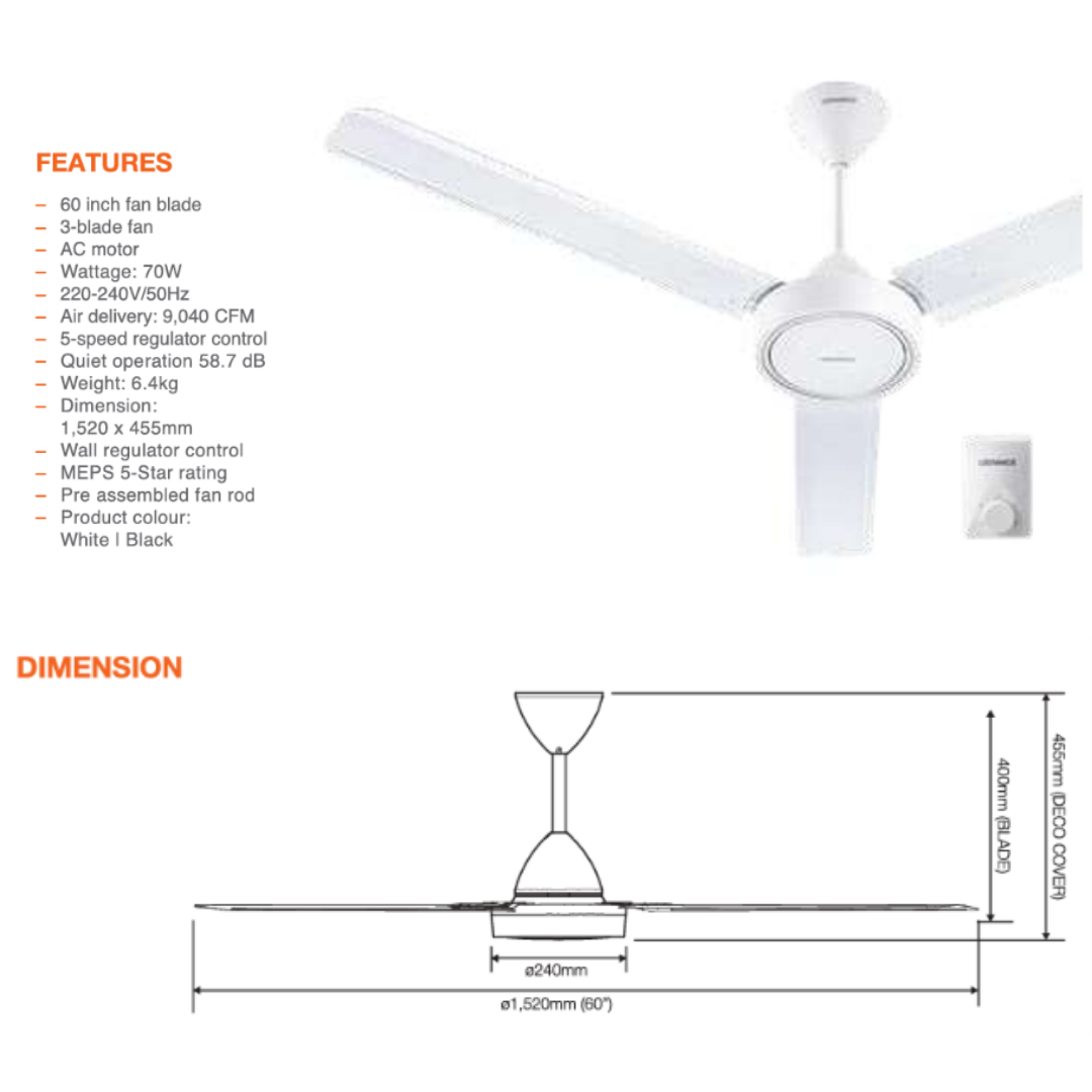 LEDVANCE BF60BK BF60WH 60 Inch Ceiling Fan – Black White 3-Blade AC Motor Fan with Fan Regulator