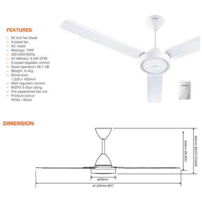 LEDVANCE BF60BK BF60WH 60 Inch Ceiling Fan – Black White 3-Blade AC Motor Fan with Fan Regulator