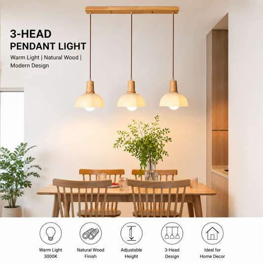 Scandinavian Wooden Pendant Ceiling Light | 3 Head