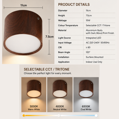 Dark Wood Print Walnut LED Ceiling Spotlight – 15W
