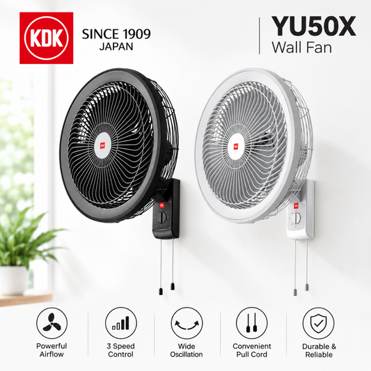 KDK YU50X 20-Inch Wall Fan | 3-Speed Pull Switch | Guide Vane Design | Black / White