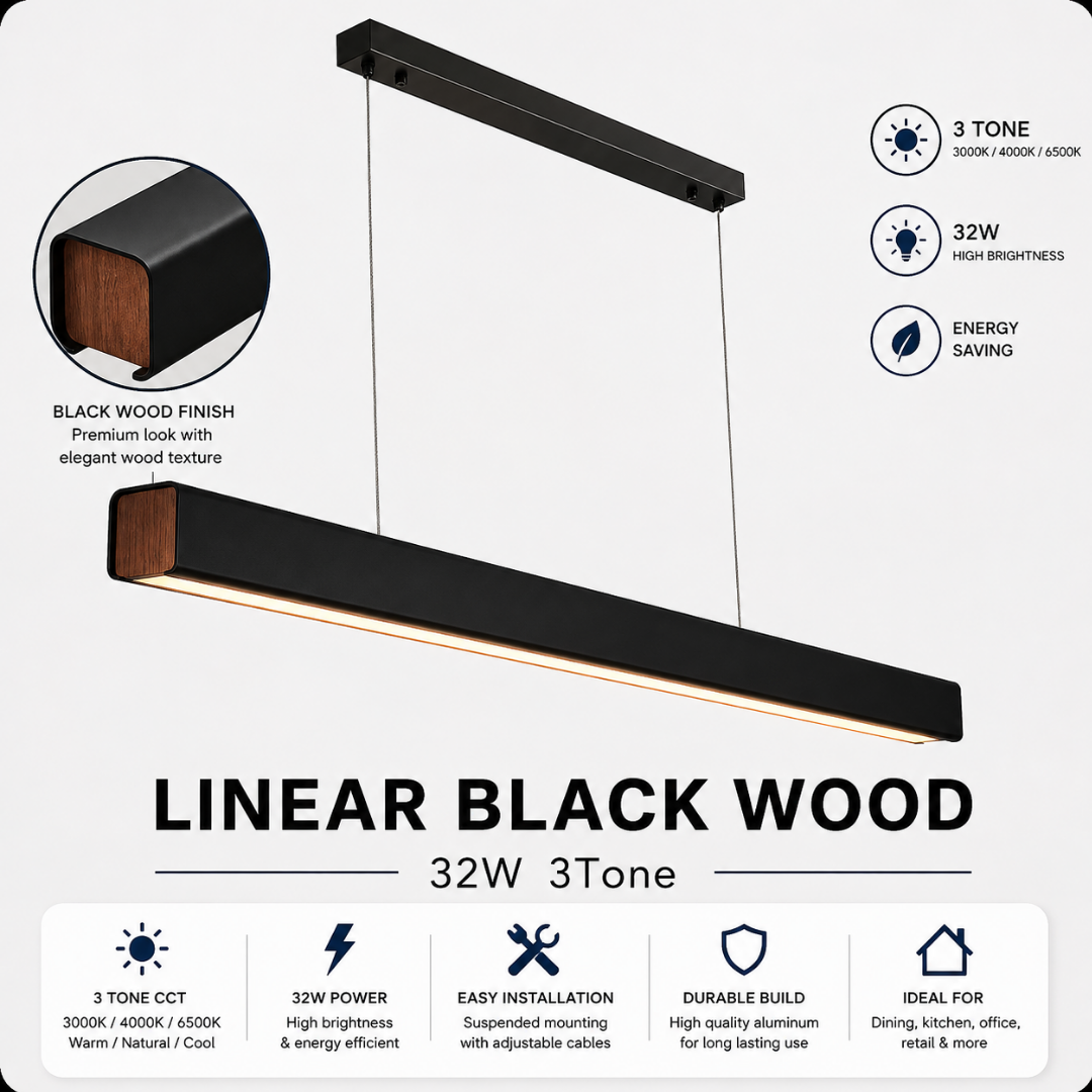 A linear black wood pendant light