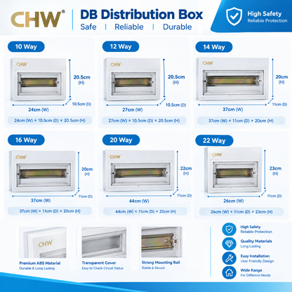 CHW DB electrical distribution MCB box 10way, 12way , 14way, 16way, 20way, 22way details dimension