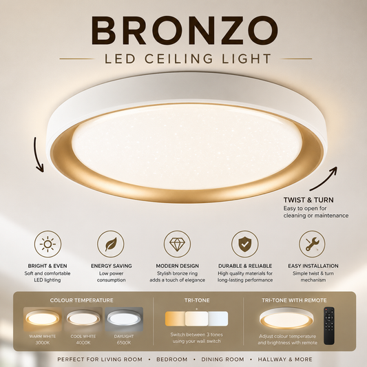 Premium Bronzo LED Surface Ceiling Light Minimalist 36W Daylight Warm White Tritone