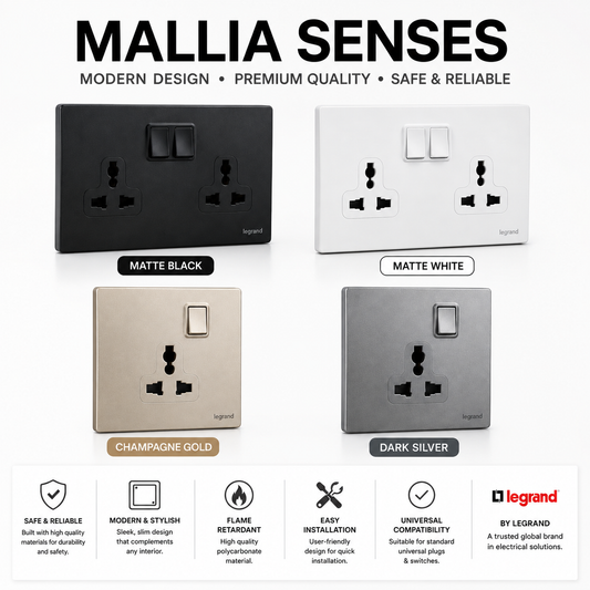 Legrand Mallia Senses Multistandard Socket 1G / 2G – Premium Universal Power Outlet | Champagne, White, Dark Silver, Black