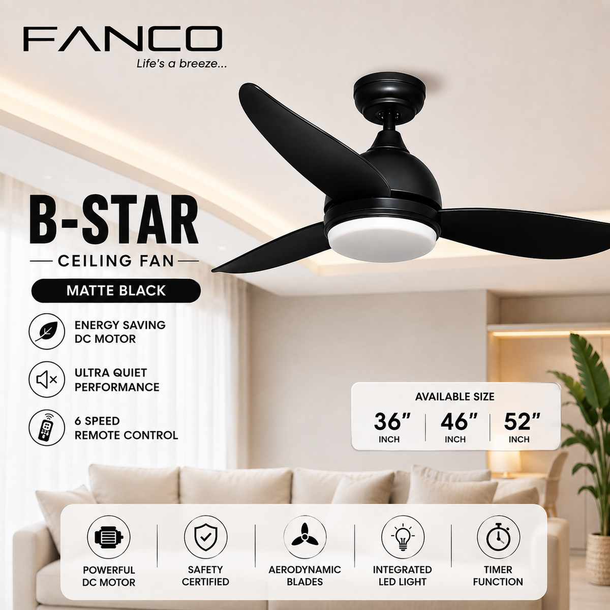 Fanco Bstar ceiling fan with light black 