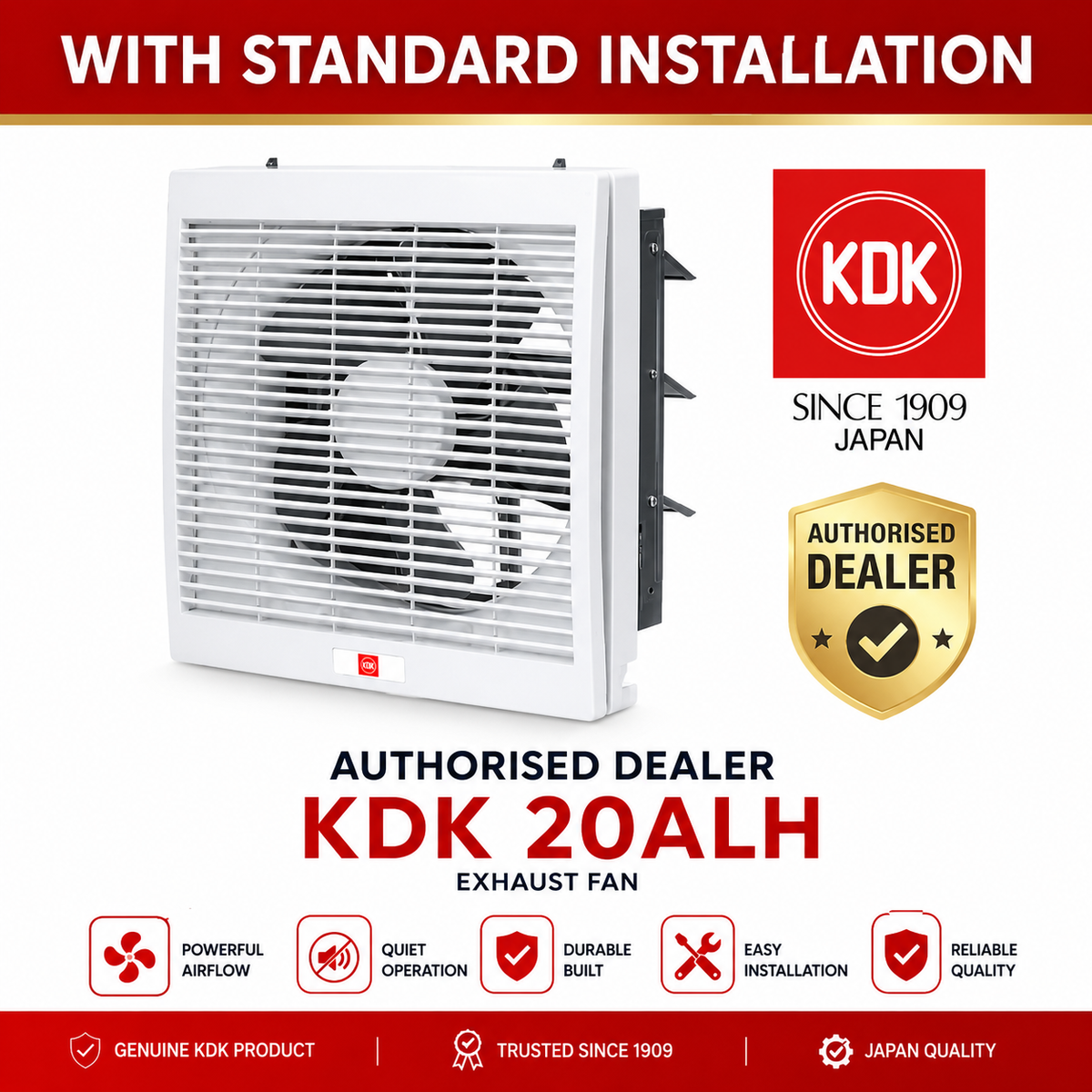 White KDK 20ALH wall-mounted exhaust fan WITH STANDARD INSTALLATION