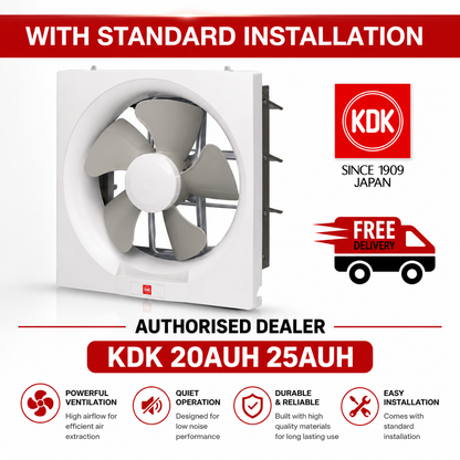 White KDK 20AUH wall-mounted exhaust fan with standard installation