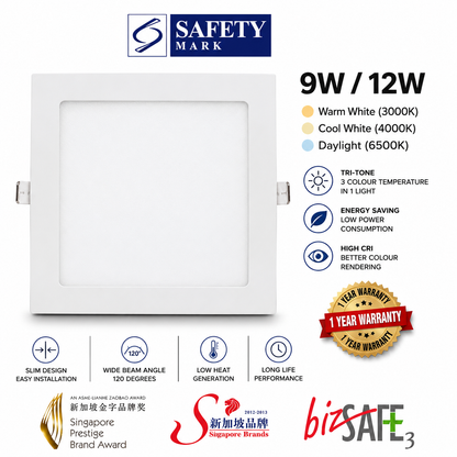 LED Downlight Panel Square 9W 12W Singapore Safety Mark Recessed Panel Ceiling Light
