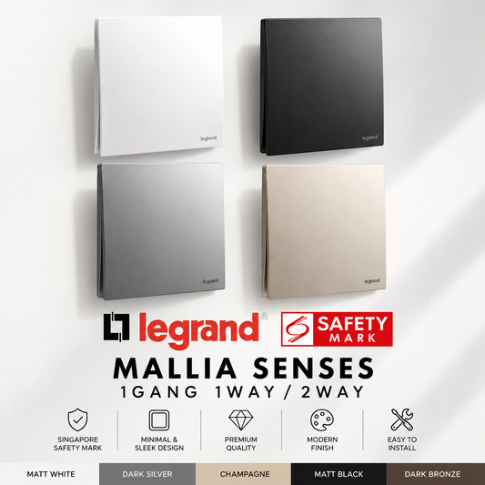 Legrand Mallia Senses 1Gang 1Way 2Way 1G1W 1G2W Switch Designer Matt Black Silver Champagne