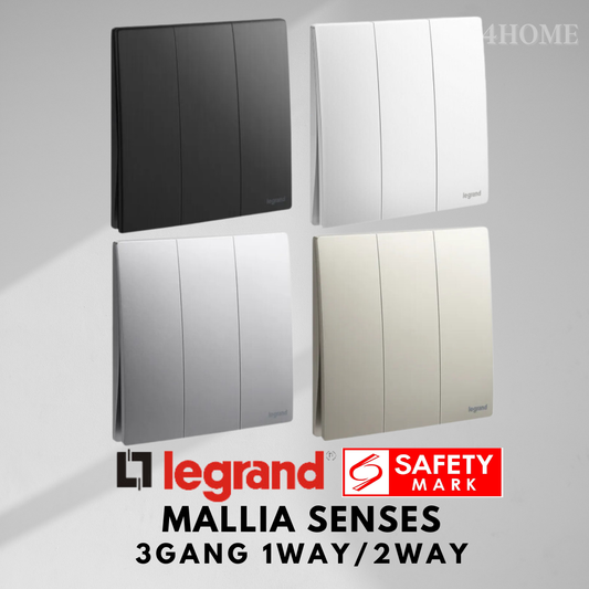 Legrand Mallia Senses 3Gang 1Way 2Way 3G1W 3G2W Switch Designer Matt Black Silver Champagne 