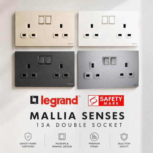 Legrand Mallia Senses Double Socket 2x13A Designer Matt Black Silver Champagne