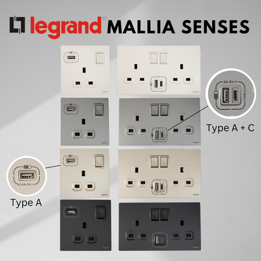 Legrand Mallia Senses Single Double Socket with USB Designer Matt Black Silver Champagne Singapore