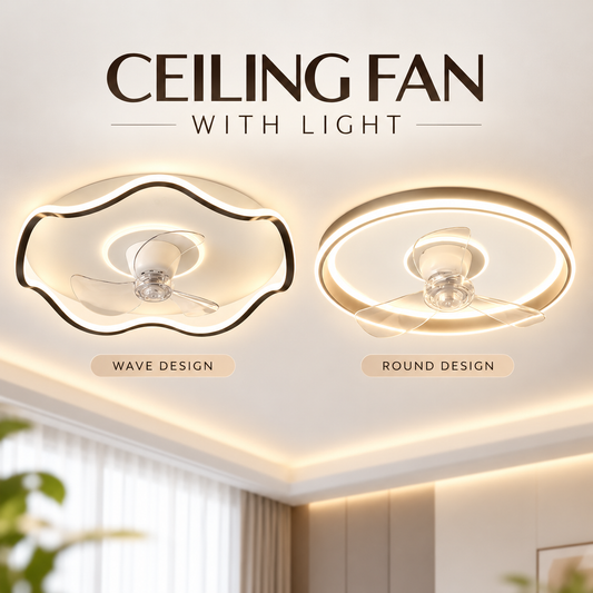 Modern LED ceiling fan with light in wave and round designs, 500mm compact ceiling air circulator with warm white lighting.
