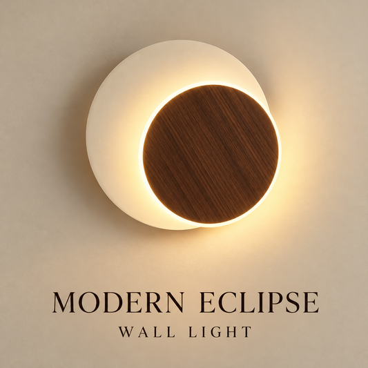 Modern Eclipse LED Wall Ceiling Light 6W Tritone | Japanese Dark Wood Design | Round Halo Backlight | Bedroom Bedside Lamp