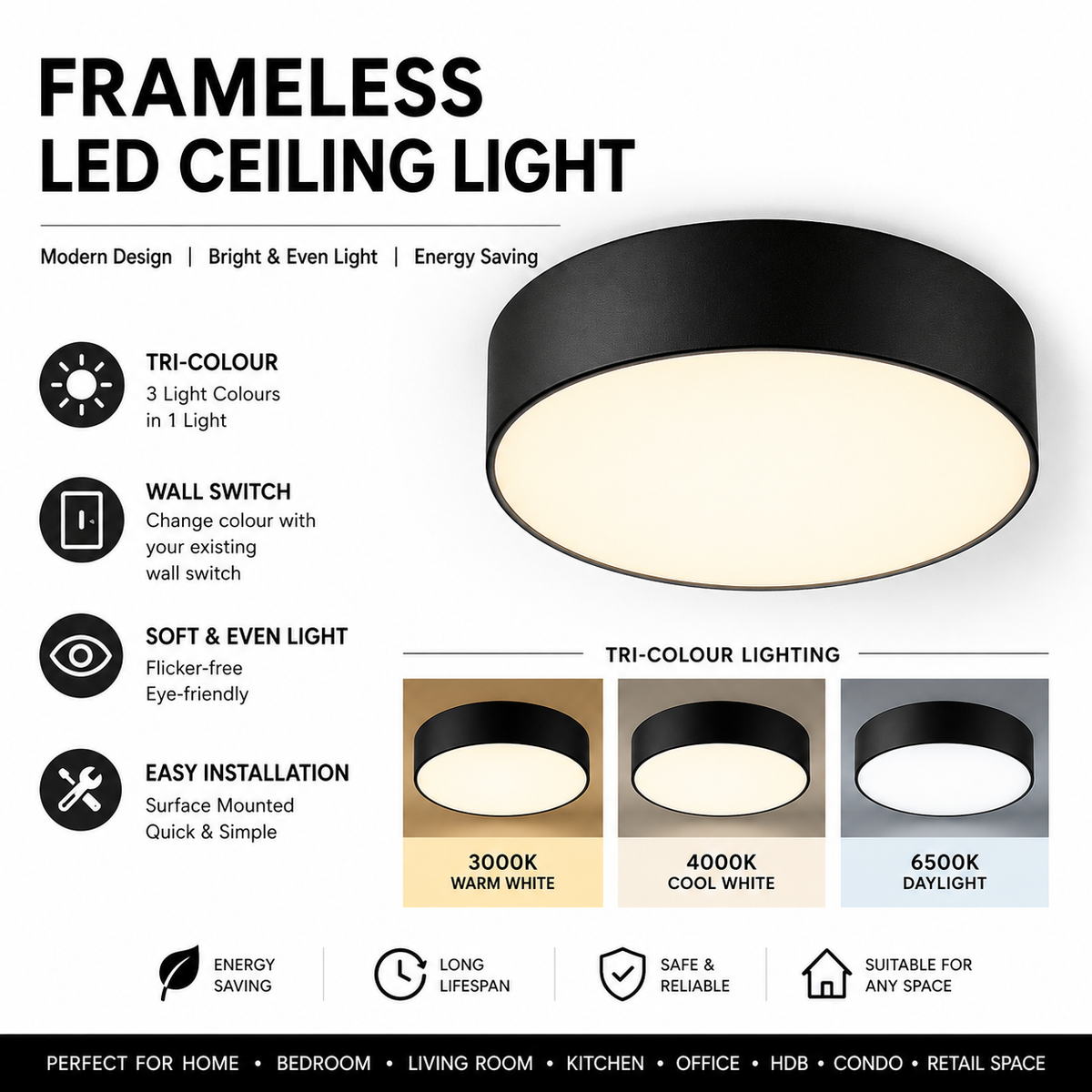 Modern Frameless Black Tritone LED Ceiling Light 