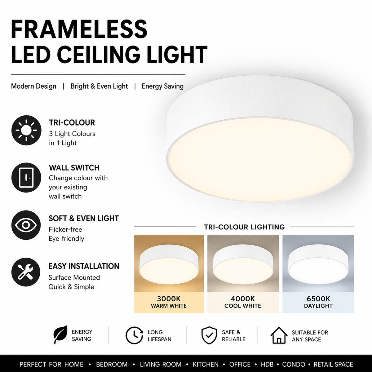 Modern Frameless White Tritone LED Ceiling Light