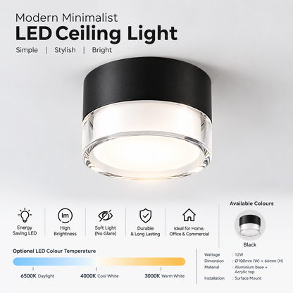 Modern LED Surface Mounted Ceiling Light - 12w black