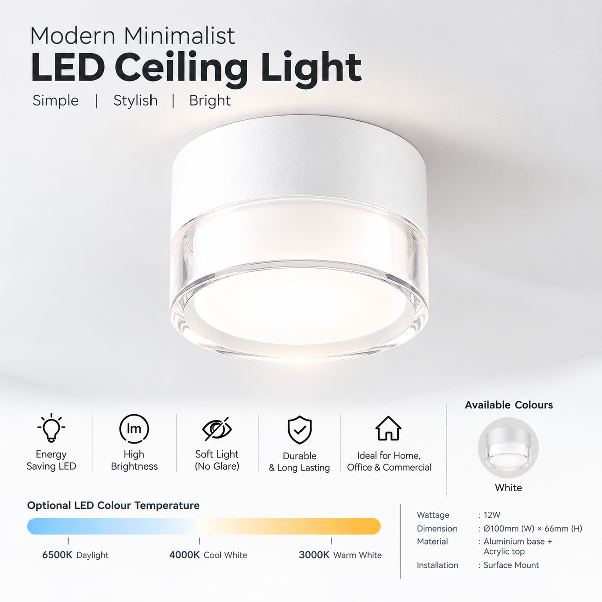 Modern LED Surface Mounted Ceiling Light - 12w white