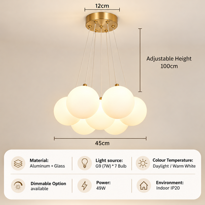Premium 7-Head Moon Globe Pendant Light – G9 Bulb, Adjustable Height, Warm White / Daylight / Dimmable Options 4HOME