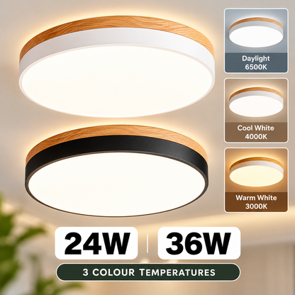 Nordic minimalist round LED ceiling light with wood-grain accent, black and white frame options, 18W 24W 36W, daylight warm white and tri-tone lighting.
