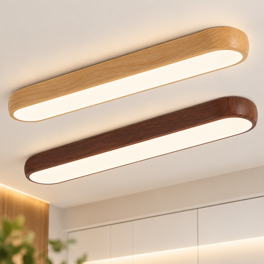 Longitude Japanese Wood Print Oval Shaped Linear LED Ceiling Light– Modern Nordic 24W Tritone Pine Walnut