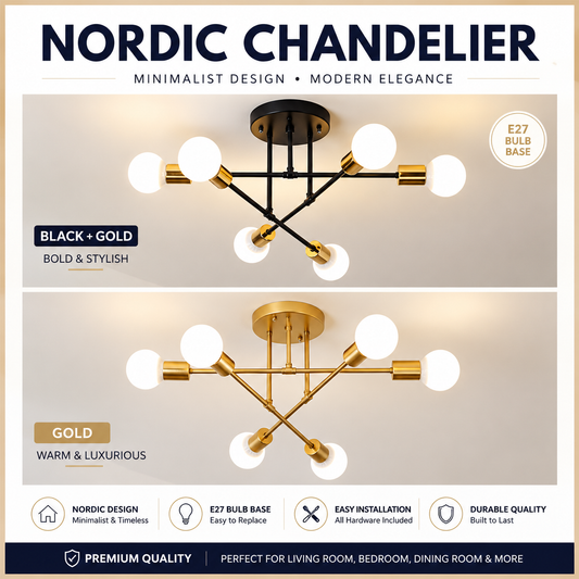 Nordic Gold and black 6 Bulb Chandelier E27 Pendant Light Tri-tone