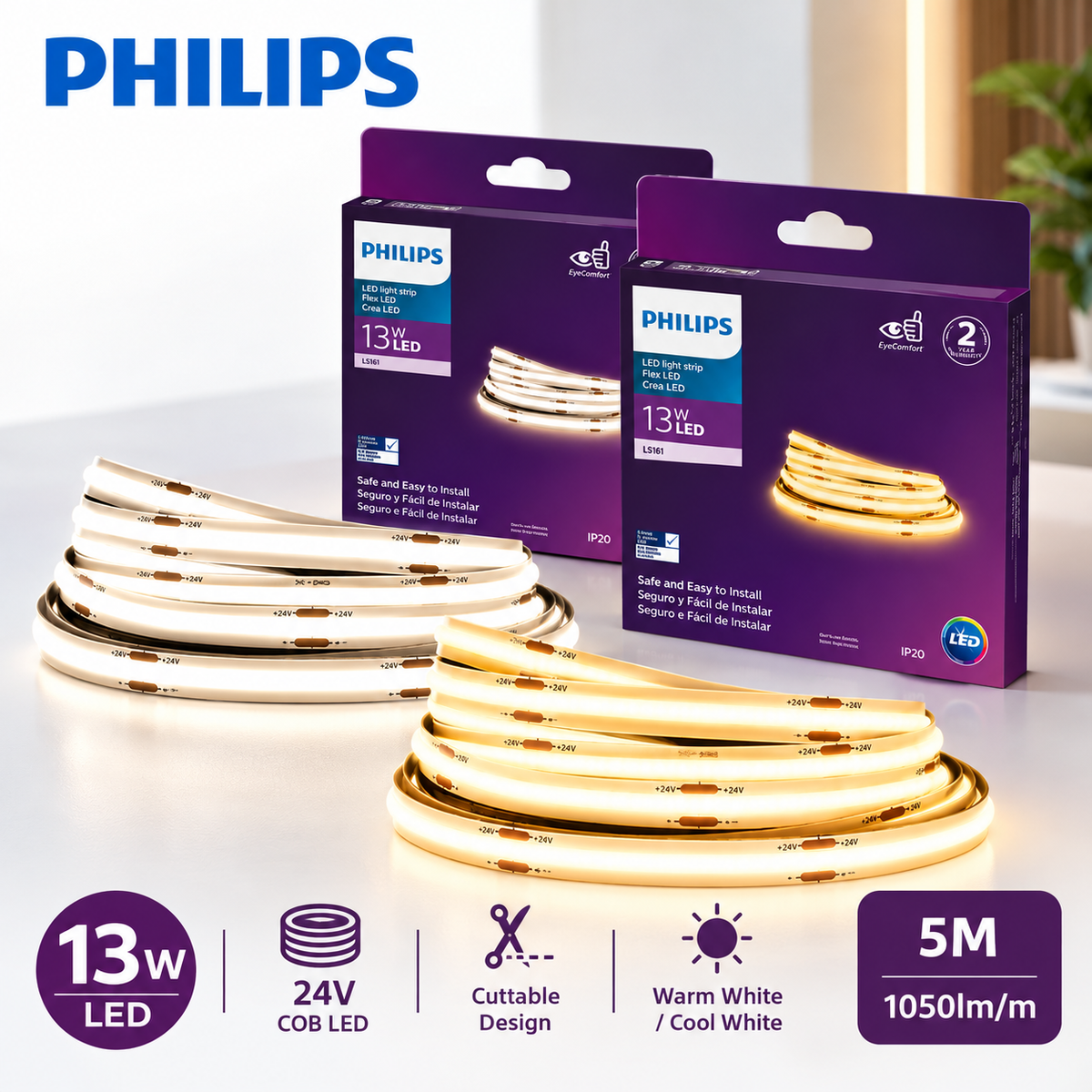 Philips LS161 24V COB LED Strip Light 13W/m | 5M Roll / Custom Cut | 3000K Warm White / 4000K Natural White | CRI90 Dot-Free LED Tape
