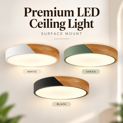 Macaron minimalist round LED ceiling light with modern wood design, available in black, white and green, 24W, 36W and 48W, featuring ultra-slim 5cm profile, replaceable magnetic LED module and tritone lighting for HDB bedrooms and living rooms in Singapore.