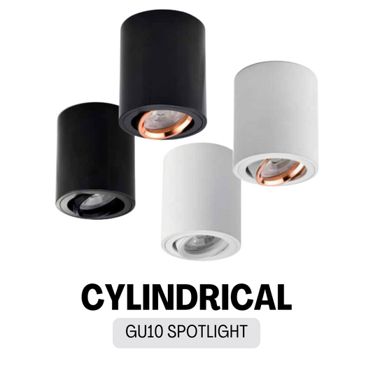 Premium cylindrical adjustable GU10 spotlight in black, white and rose gold finish