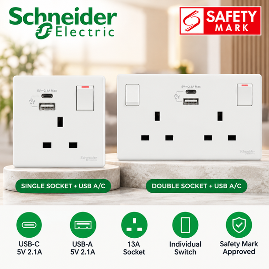 Schneider Electric Vivace E White 13A Switch Socket | 1 Gang 2 Gang | USB A+C Charging Port | Safety Mark Approved