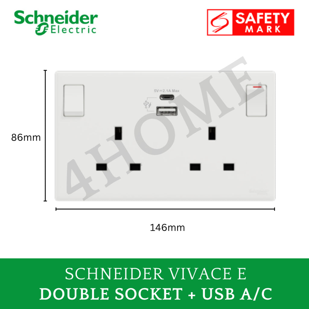 Schneider Electric double socket with USB and A/C outlet, Safety Mark logo