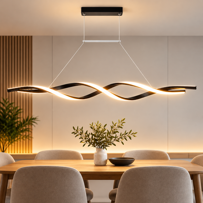 Modern Dual Twist Wave LED Pendant Light 38W | 100cm Black Linear Hanging Light | Tritone 3 Colour | Dining Kitchen Island