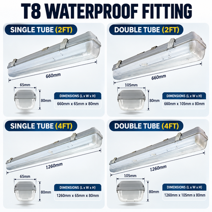 T8 Waterproof LED Tube Light Fitting 2FT / 4FT | Single & Double Tube Batten Holder | Surface Mount Ceiling Light
