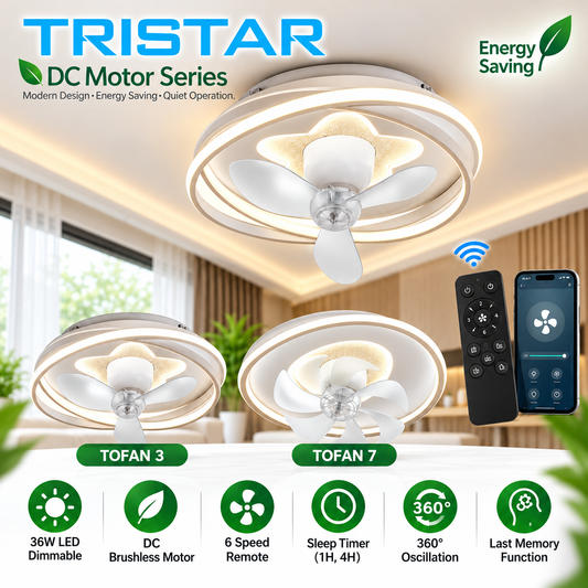 Fanco TRISTAR TOFAN 3 / TOFAN 7 Smart Ceiling Fan with 36W LED Light | DC Motor | 360° Oscillation | WiFi Remote Control | Dimmable 3 Colour