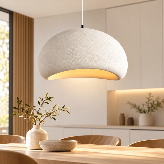 Wabi-Sabi creamy white pendant light with minimalist Japanese cloud dome design hanging above a modern Japandi dining table.