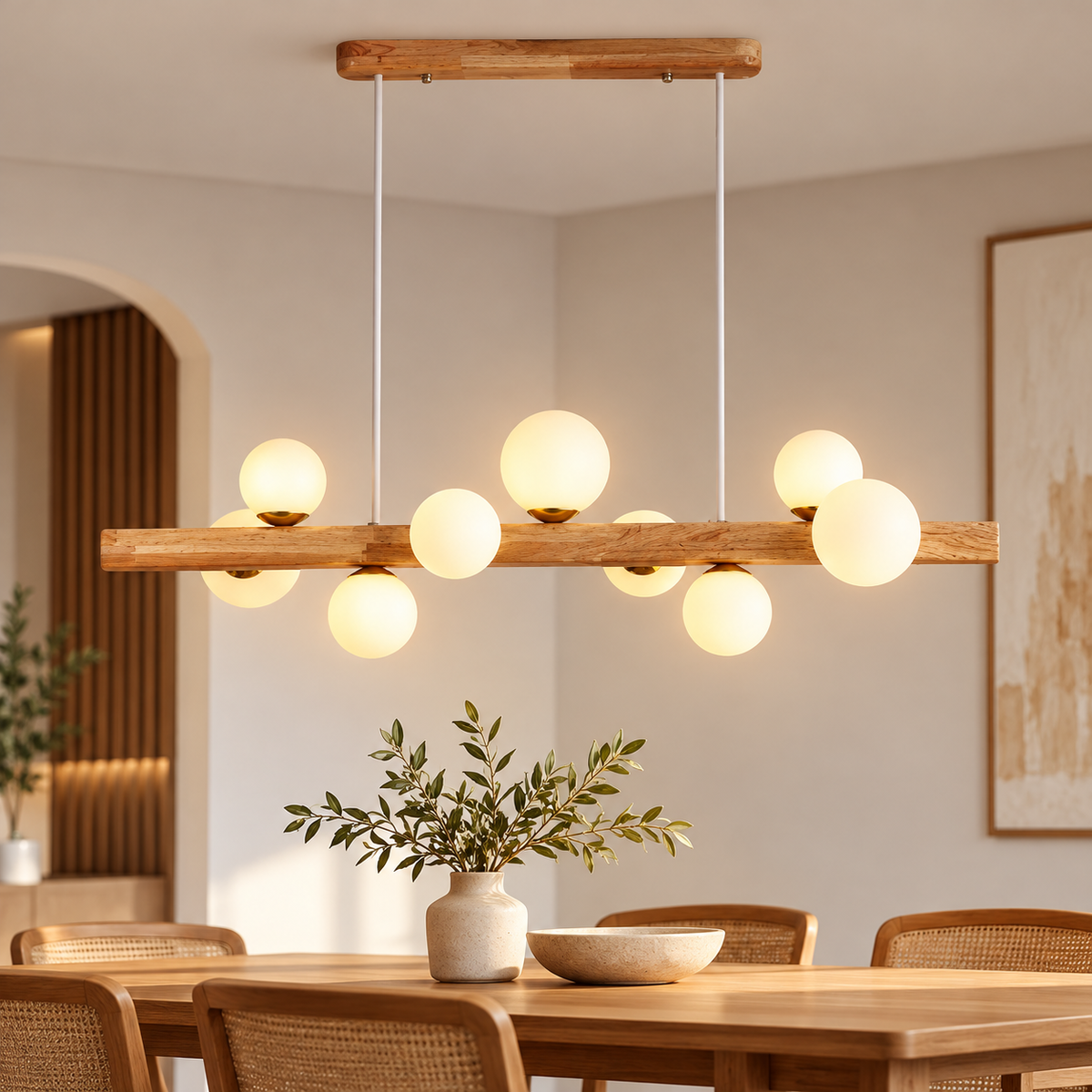 Scandinavian 9 Heads Modern Glass Globe Solid Wood Linear Pendant Light Island Dining Table