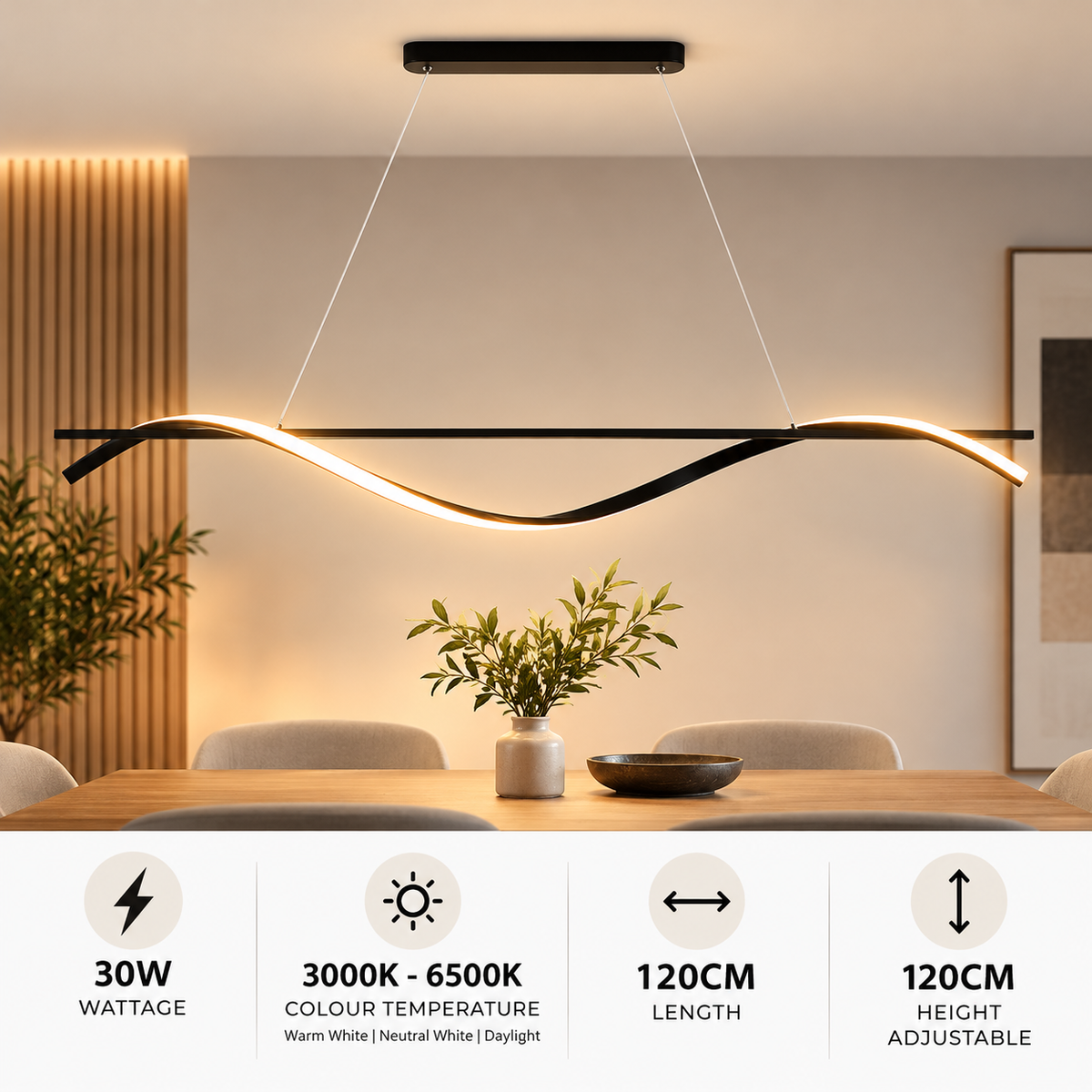 Modern Twist Wave LED Pendant Light 30W 120cm | Black Linear Hanging Light | Tritone 3 Colour | Dining Kitchen Island