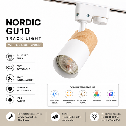 White with light wood track holder