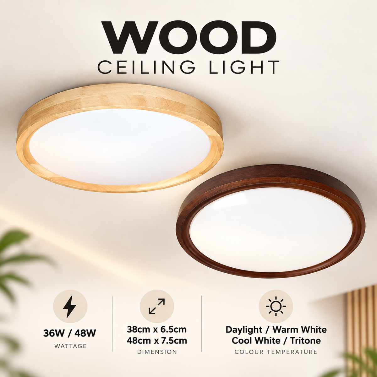 Japanese Design Solid Real Wood LED Ceiling Light 36W 48W Walnut Pine
