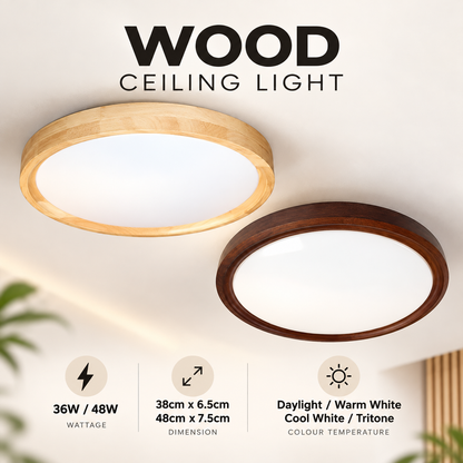 Japanese Design Solid Real Wood LED Ceiling Light 36W 48W Walnut Pine