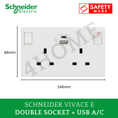 Schneider Vivace E White Single Double Socket with USB A USB C– Singapore Safety Mark Frameless Design