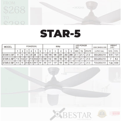 SMART Ceiling Fan Bestar Star5 5 Blades 38inch 48inch 58inch Star 5 DC Fan 4HOME SINGAPORE - 4HOME
