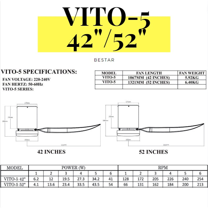 BESTAR Designer Hugger Smart Wifi Controlled Ceiling Fan VITO 3 VITO 5 DC Motor 40" 42" 50" 52" 3blades 5blades 4HOME SINGAPORE - 4HOME