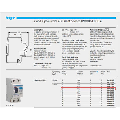 Hager 2P Double Pole RCCB CD240B 40A 30mA 4HOME SINGAPORE - 4HOME